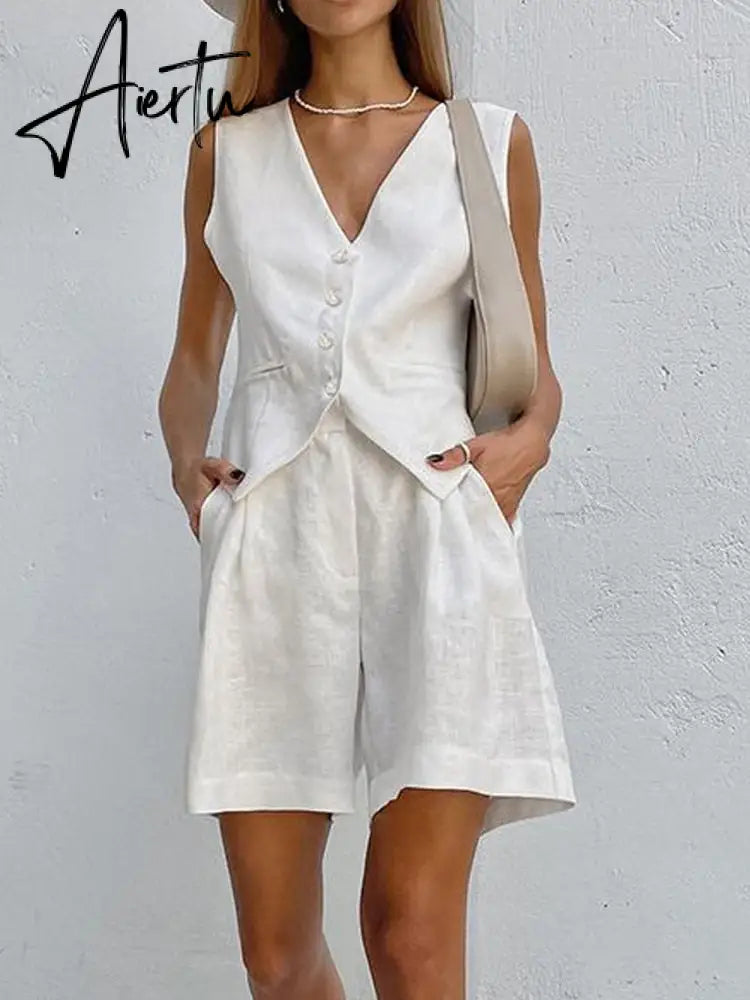 Cotton Linen Vest Shorts White Blue Sets Sleeveless Button V-neck Waistcoat 2 Pieces Set Womens Elegant Top Shorts Suits Aiertu