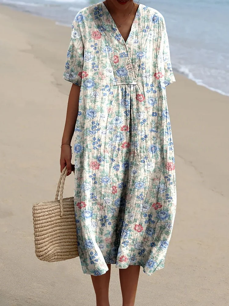 Women's Blue Floral Pattern Beach Resort Dress