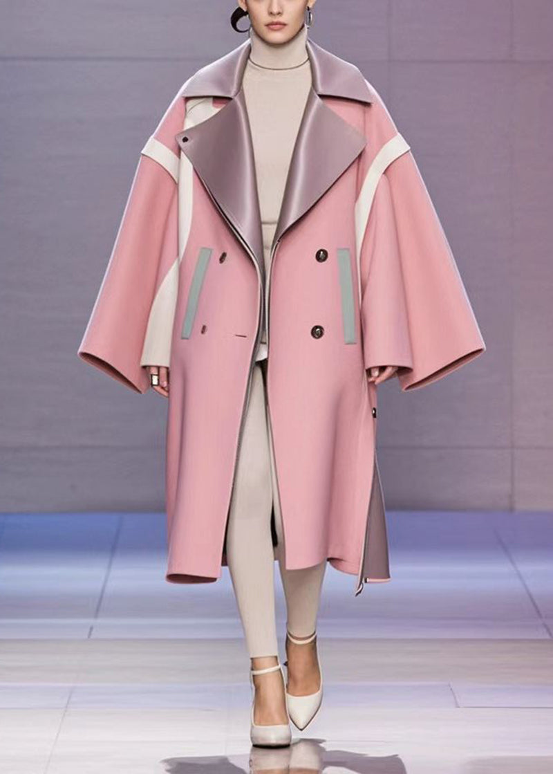 VCSHOES Pink Oversized Patchwork Woolen Trench Fall
