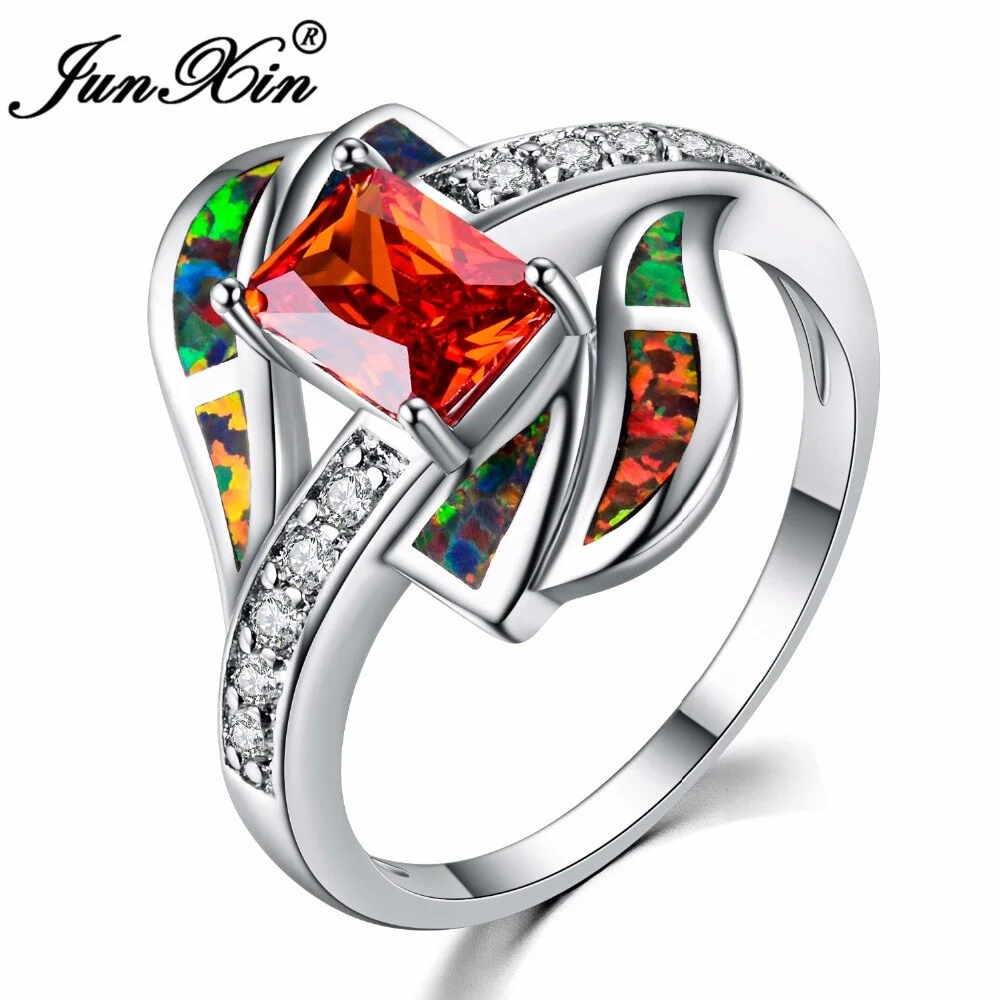 JUNXIN Fashion Women Orange Fire Opal Rings Silver Color Jewelry Vintage Wedding Rings For Women Birthstone Ring