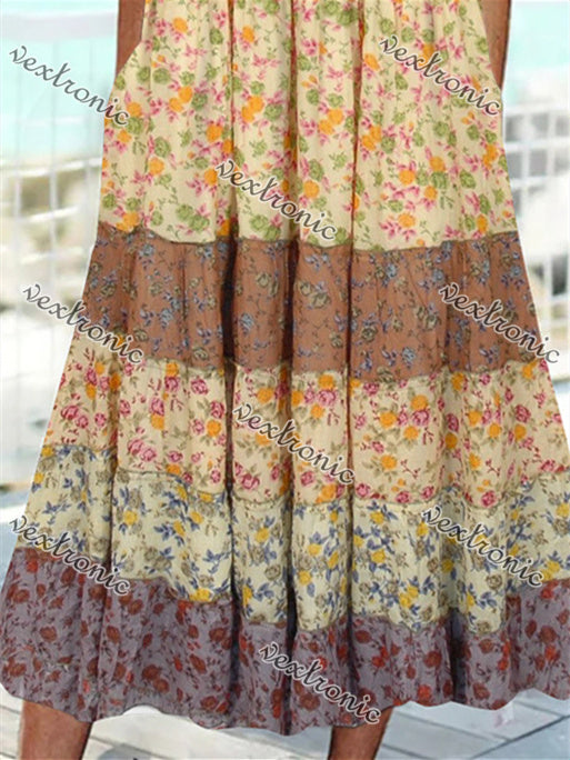 Women Short Sleeve Scoop Neck Floral Printed Stitching Maxi Dress