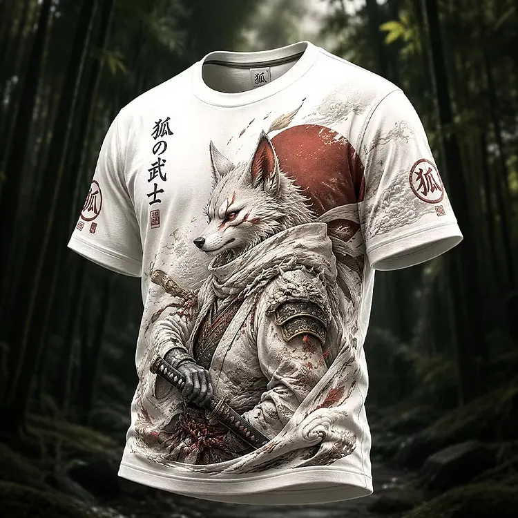 Men's Retro Japanese Wolf Art Print Casual T-shirt