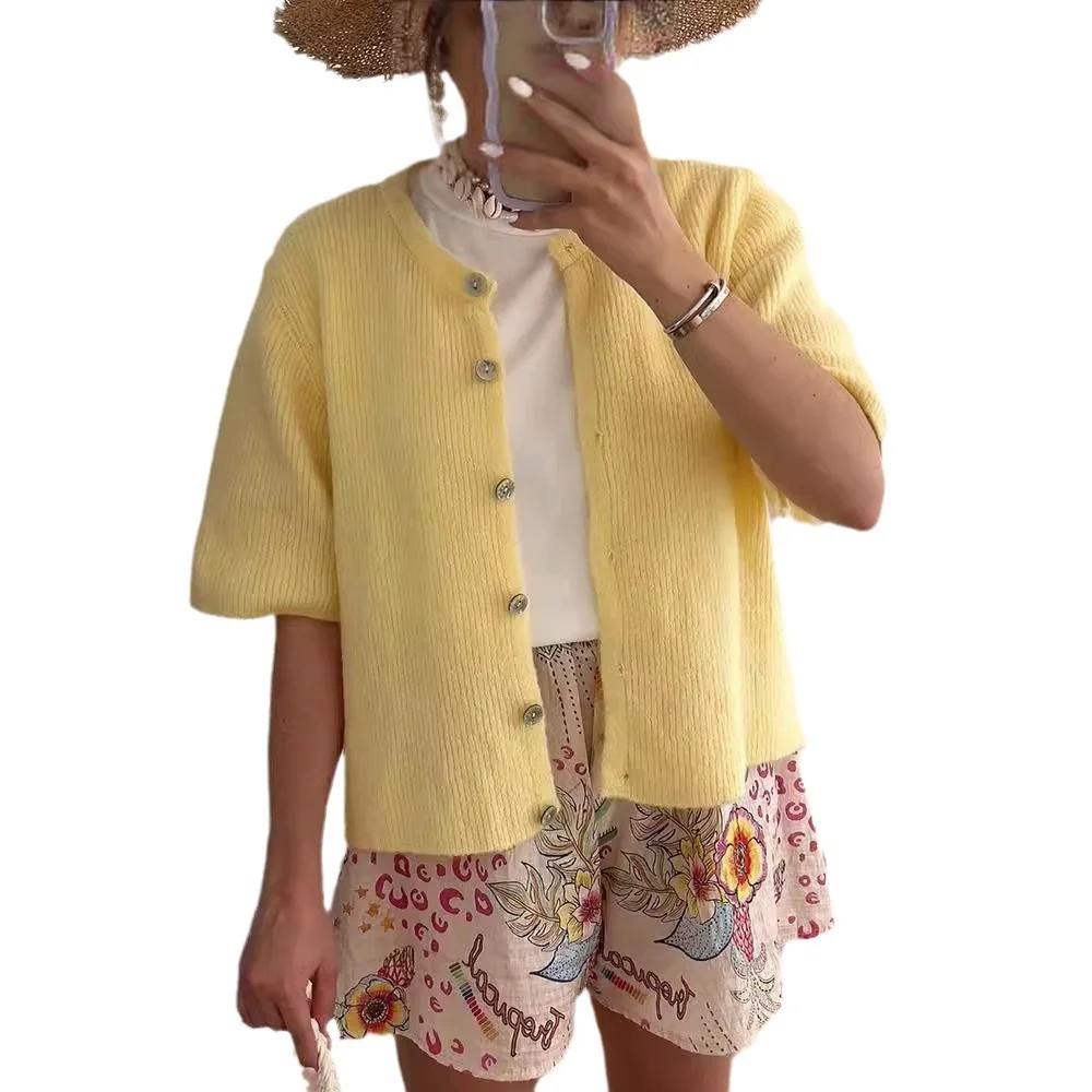 Wongn Wongn Women's New Short-Sleeved Knit Cardigan Solid Color Half Open Collar Button Sweater Women's Women's Casual Cardigan