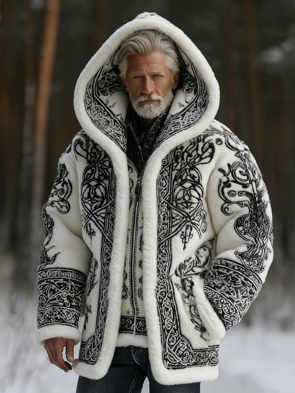 Men's Viking Celtic Pattern Art Flannel Cozy Zipped Hooded Jacket elevenforest
