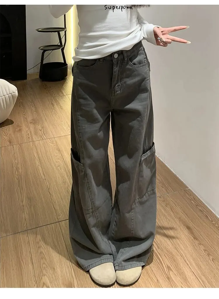 Women's Dark Grey Washed Oversized Side Patch Pocket Baggy Cargo Wide Leg Denim Trousers