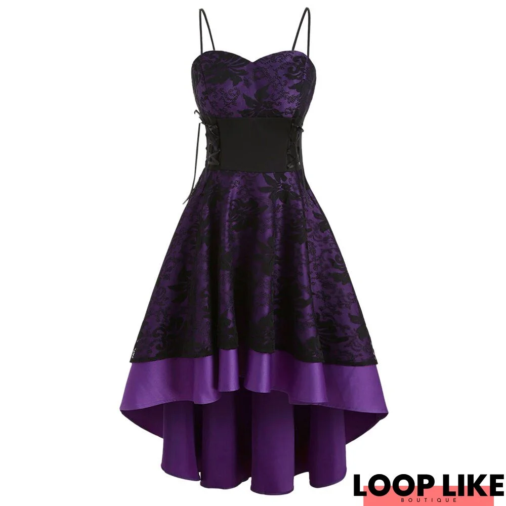 Spaghetti Strap Sleeveless Lace Up Empire Waist Dip Hem Party Dress Vintage Dress Vestidos Evening Midi Dress 3XL