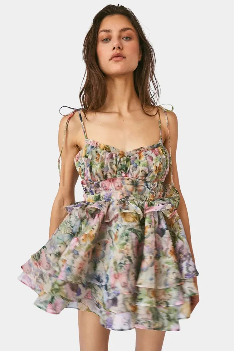 Party Multicolor Organza Butterfly Print Sleeveless Lace-Up Ruffle Mini Dress