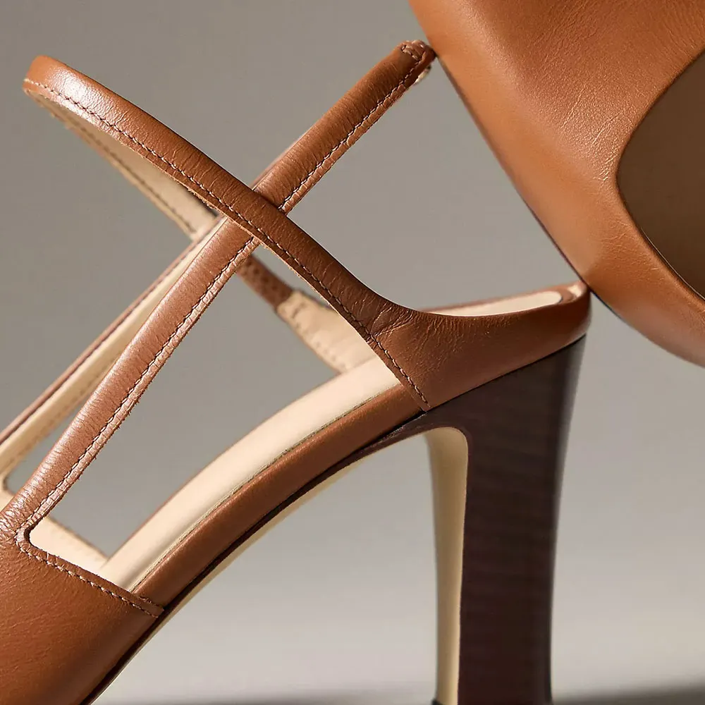 Vegan Leather High Heel Slingback Slip On Tan Pumps for Women