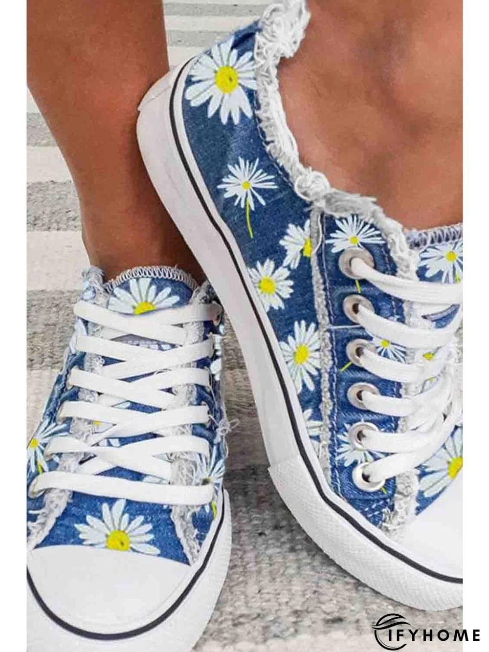 Daisy Graphic-Print Denim Lace-Up Canvas Flats | IFYHOME