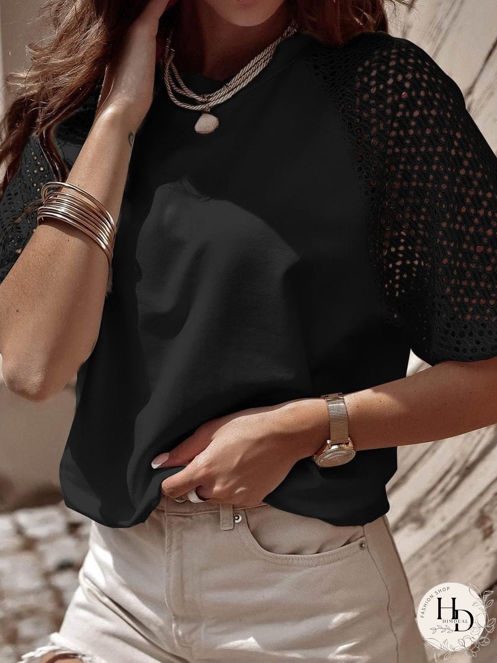 Elegant Black Lace Detail Pointelle Half Sleeve Tee