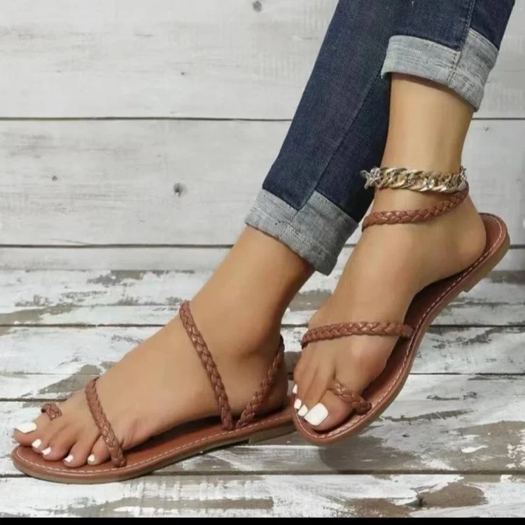 Yyvonne Women's Shoes 2025 Spring And Summer New Large-Size Braided Sleeve Flat Sandals Women Women Sheel