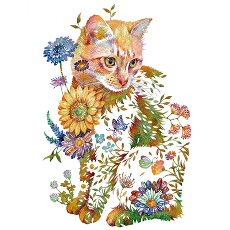 Floral Animals - Pensive Cat - Printed Cross Stitch 11CT 40*50CM