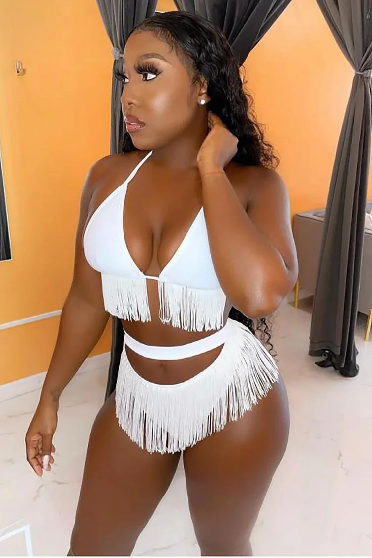 Fringe Irregular Neck Halter Backless Two-Piece Bikini Set