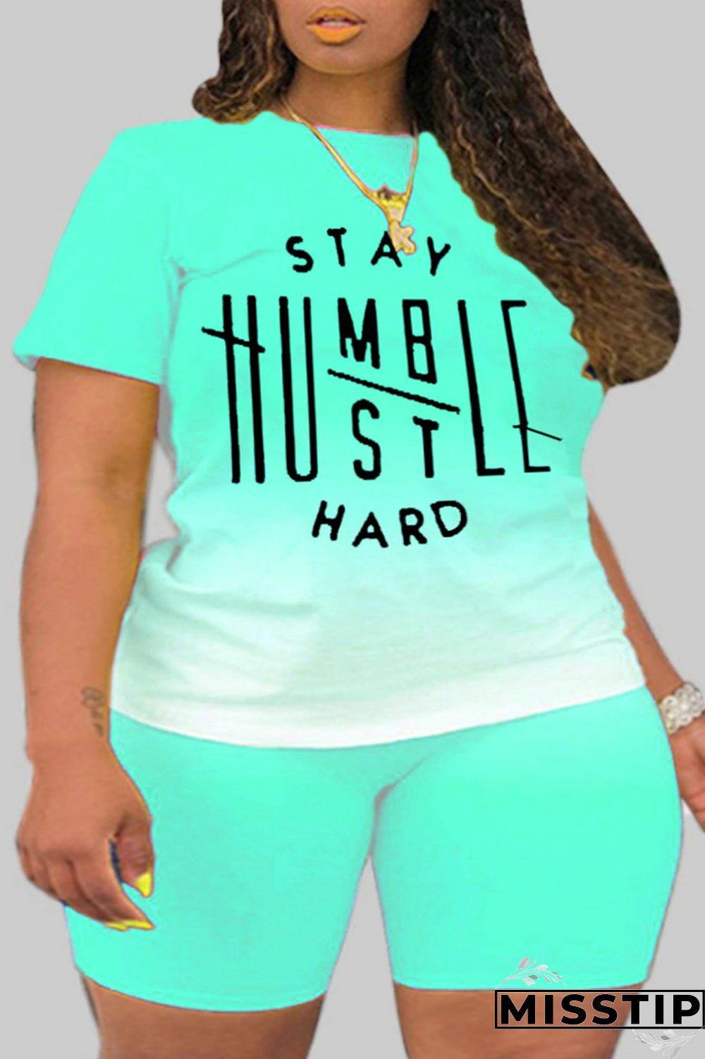 Royal Blue Fashion Casual Gradual Change Letter Print Basic O Neck Plus Size Two Pieces