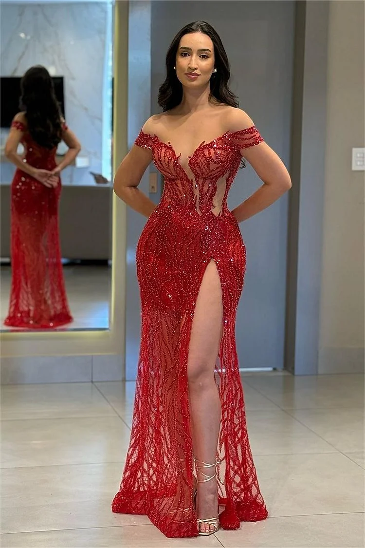 Hellodresses Chic Red Off the Shoulder High Split Long Prom Dress With Bead Embroidery
