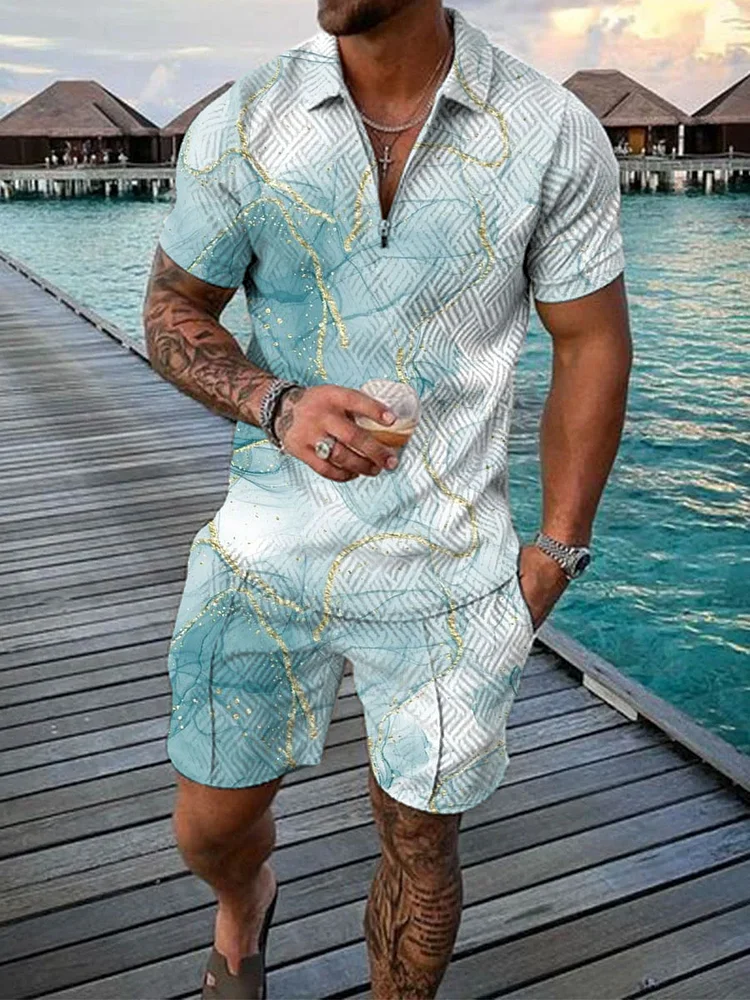 Summer Blue Watercolor Art Print Short Sleeve Polo Suit
