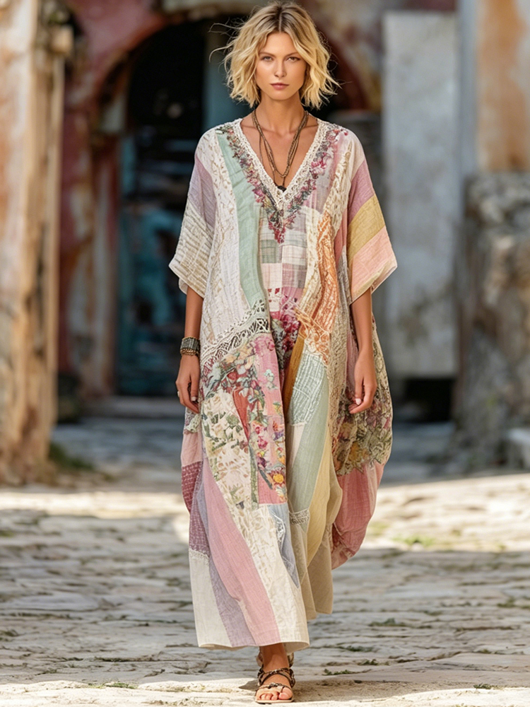 Comstylish Vintage-inspired Rose And Lace Color-block Artistic Breathable Cotton Linen V-neck Vacation Dress