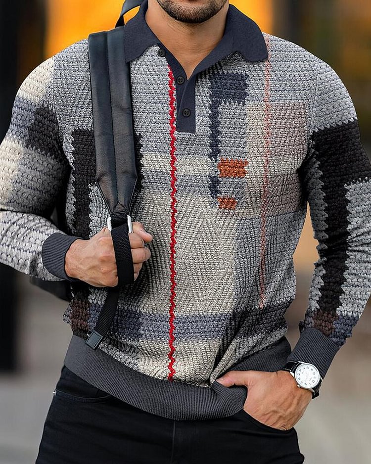Casual knitted long sleeve lapel polo shirt