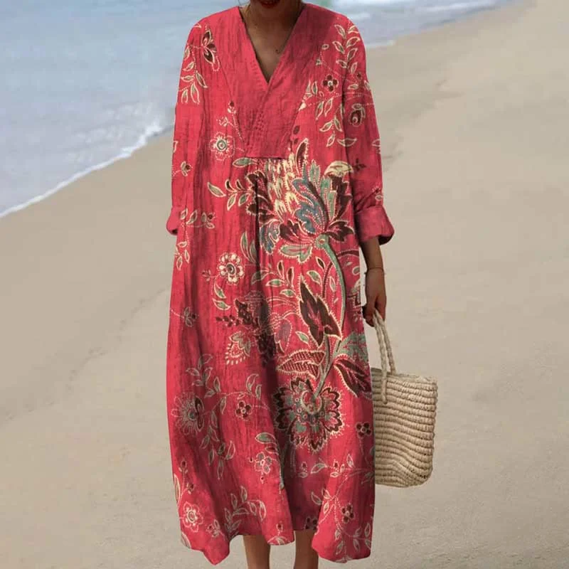 Retro Boho Blumen Kunst Bedruckt V-neck Long Sleeved Casual Midi Dress