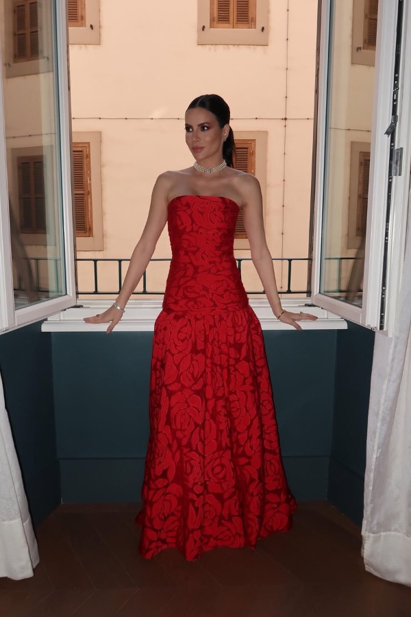 Ovlias Red Strapless Straight Across Prom Dress A-Line with Flower JQ0095
