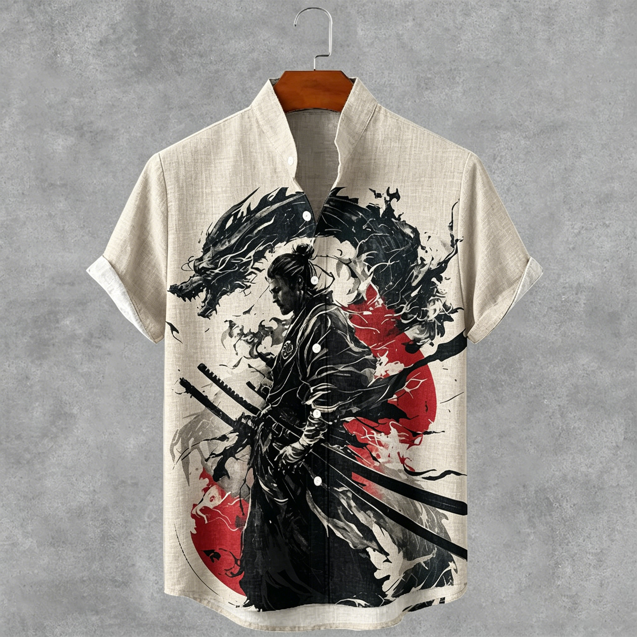 Men's Japanese Style Dragons And Samurai Art Print Short Sleeve Shirt elevenforest