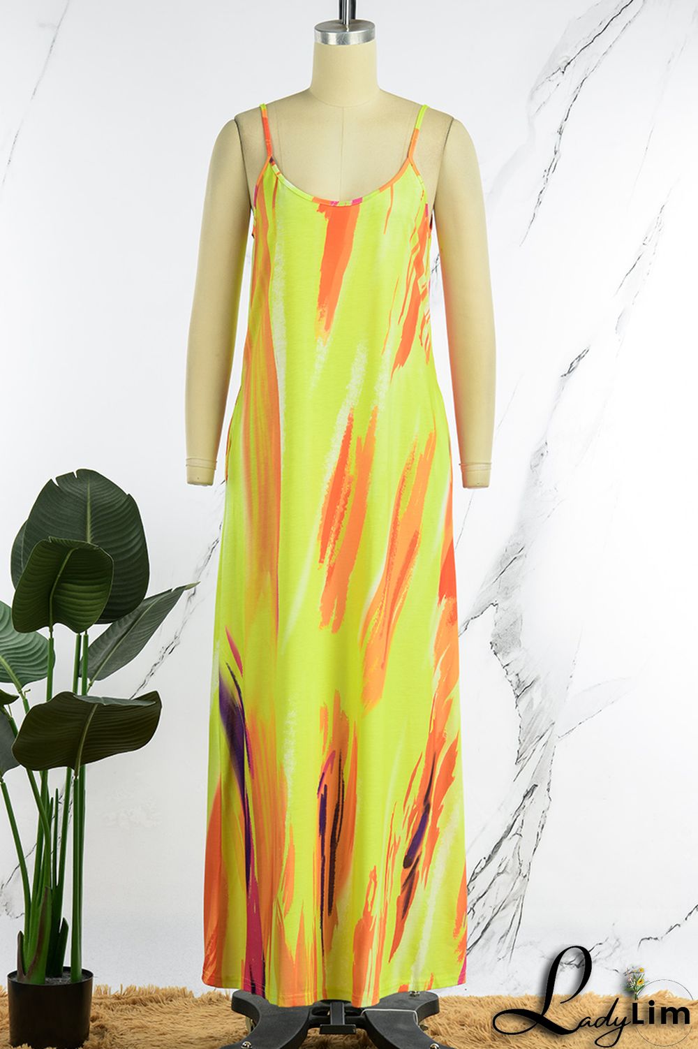 Yellow Sexy Print Patchwork Spaghetti Strap Sling Dress Dresses