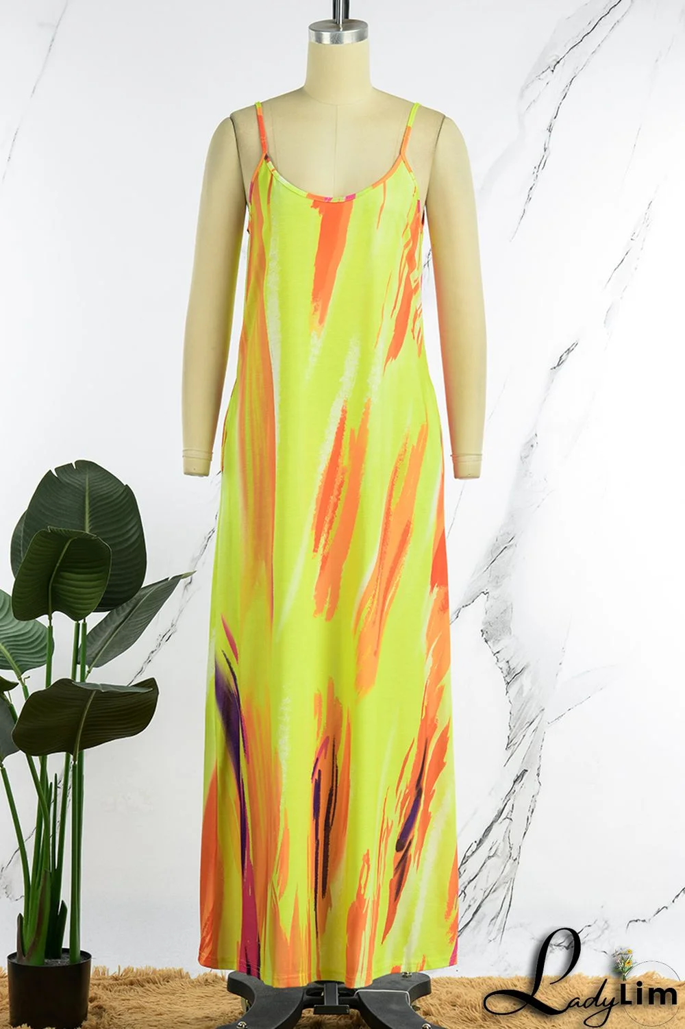 Yellow Sexy Print Patchwork Spaghetti Strap Sling Dress Dresses