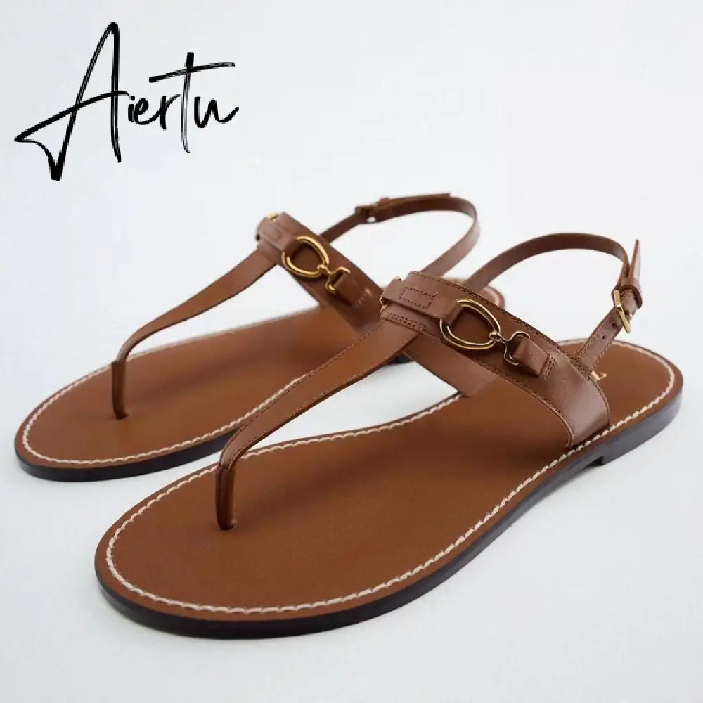 Aiertu Woman Brown T-strap Slipper Metal Button Round Toe Casual Flat Sandals Vintage Street Comfortable Flats Women Summer Aiertu