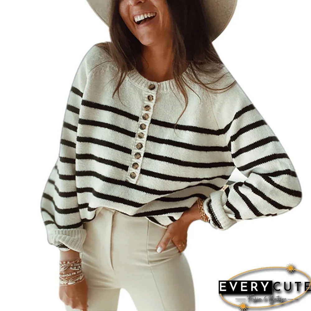 White Striped Button Detail Pullover Sweater