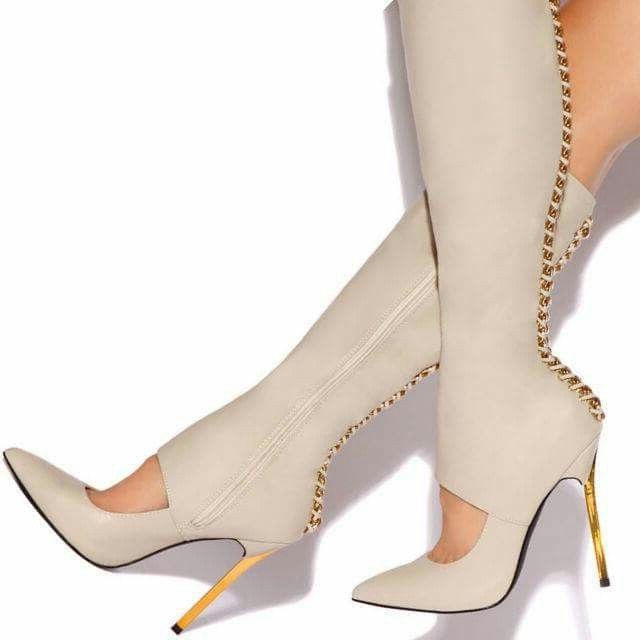 Beige Pointed Toe Cut Out Stiletto Heel Knee High Boots with Chains