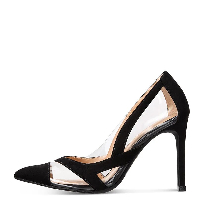 TAAFO Black Patchwork Stilettos High Thin Heels PVC Pointed Toe Pumps Woman Ladies Party Shoes 