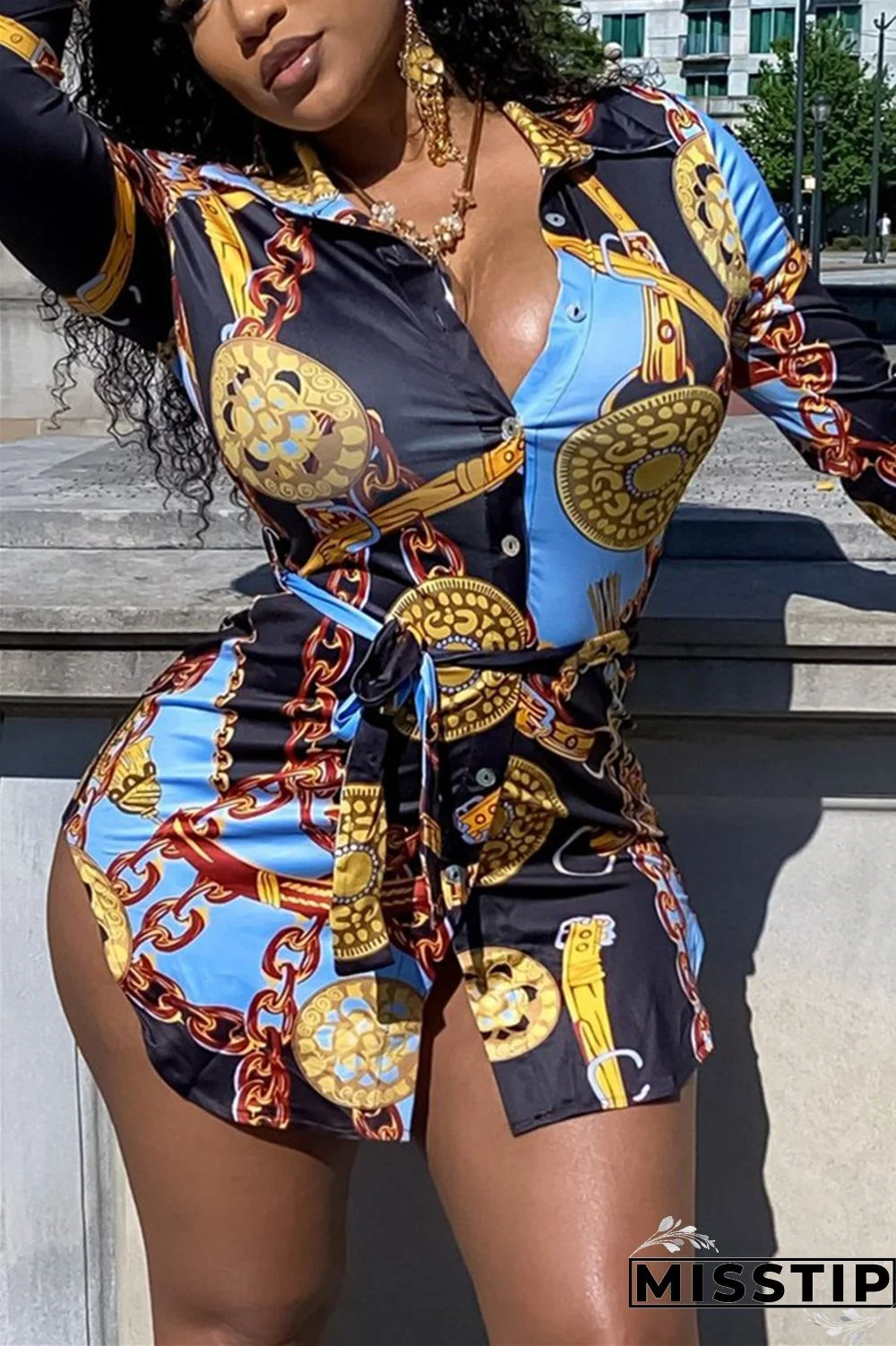 Blue Turndown Collar Long Sleeve Patchwork Print Belt Tops