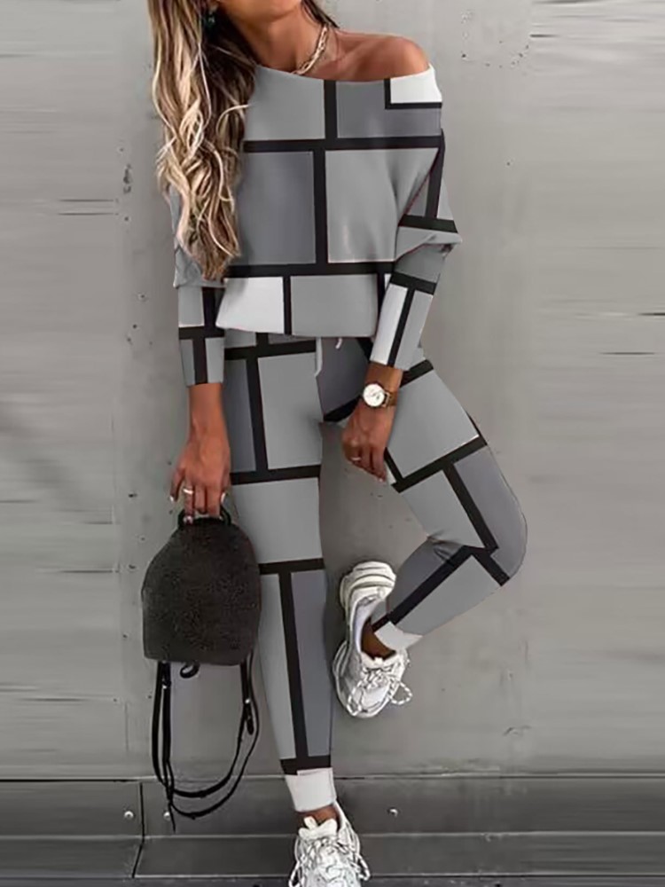 Roigam Autumn Winter New Geometric Printed Women Long Sleeve T Shirt Sports Suit Simple Fashion Lace Up Casual Pants Female 2 Piece Set