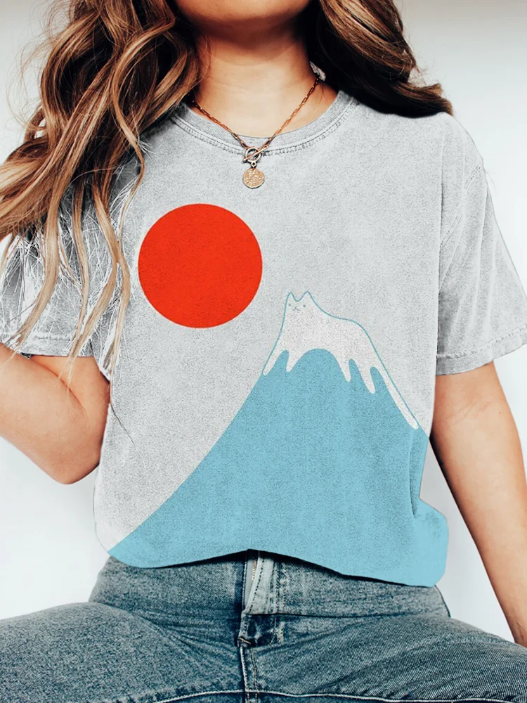 Cat on the Hill Japanese Art Washed Cotton Short Sleeve T-Shirt
