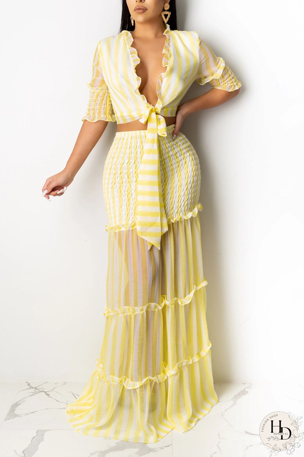 Yellow Casual 3/4 Length Sleeves V Neck Slim Dress Floor-Length Striped Print Patchwork Dresses