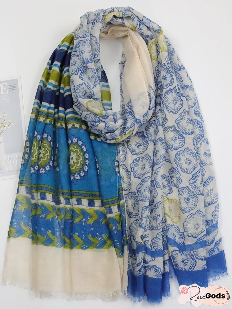 Floral Print Raw Trim Scarf
