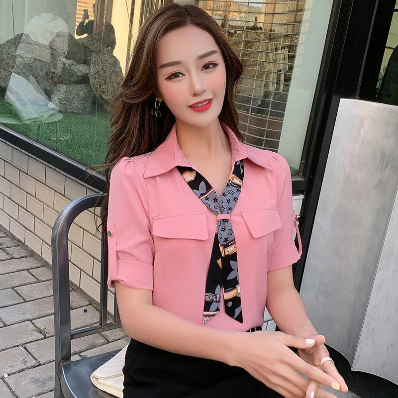 Summer Short Sleeve Lapel Bow Casual Chiffon Blouse Bandage Loose Commute Female Clothing Stylish Office Lady Young Style Shirt