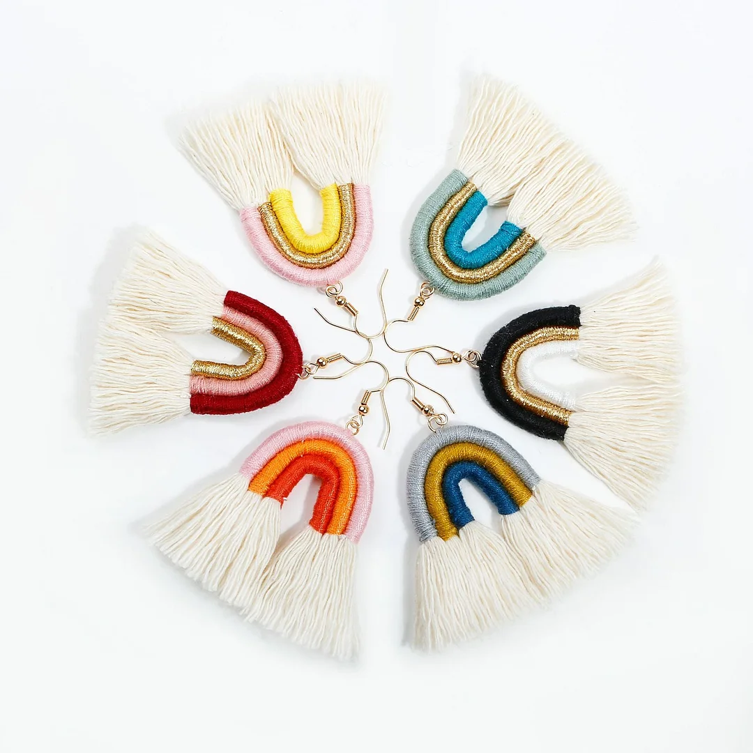 Dvacaman Bohemian Rainbow Handmade Macrame Earrings for Women Cotton Thread Feather Fringe Tassel Dangle Earrings Ethnic Jewelry