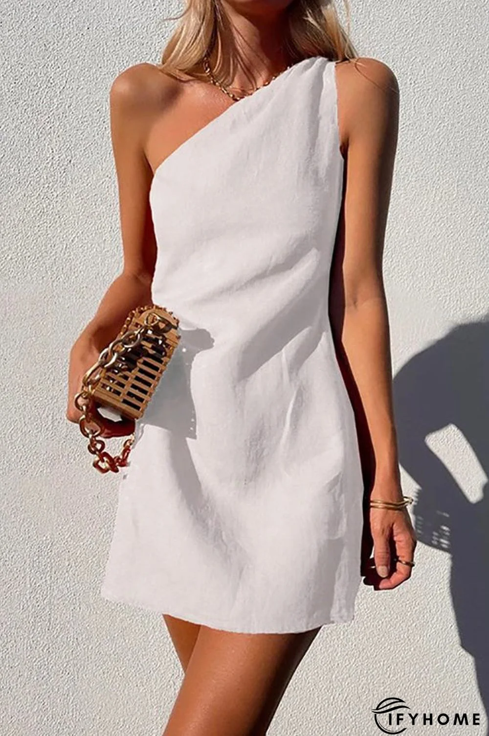 Minimalism One Shoulder Linen Mini Dress | IFYHOME