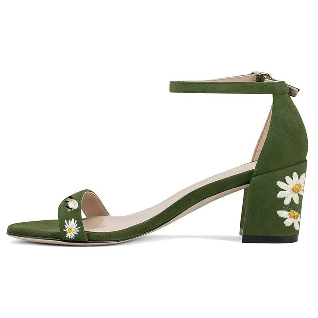Green Open Round Toe Buckle Ankle Strap Embroidered Heeled Sandals