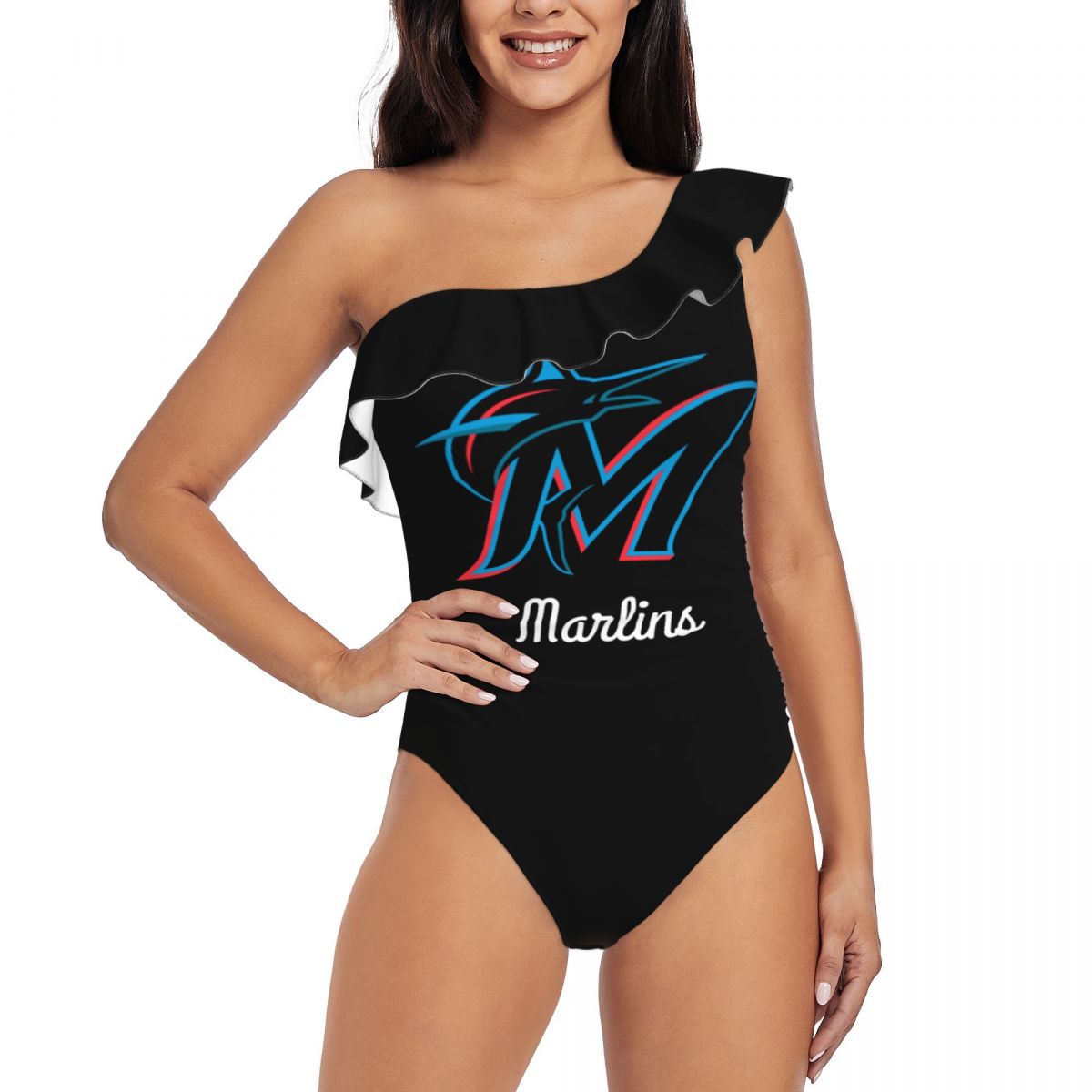 Miami Marlins One Shoulder Asymmetric Ruffle Swimsuits