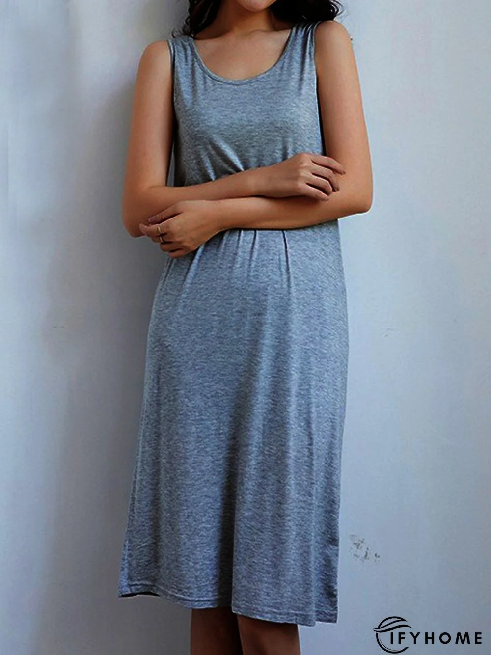 Vintage Plain Round Neck Sleeveless Casual Midi Knitting Dress | IFYHOME