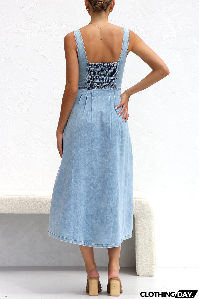 Elegant Solid Make Old Pocket Buckle V Neck Sleeveless Loose Denim Dresses