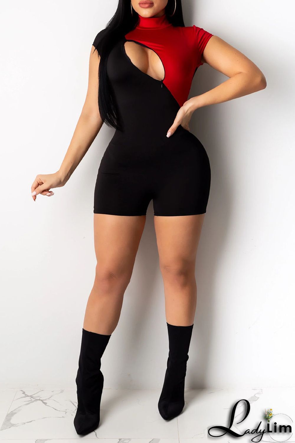 Red Sexy Solid Split Joint Zipper Half A Turtleneck Regular Jumpsuits
