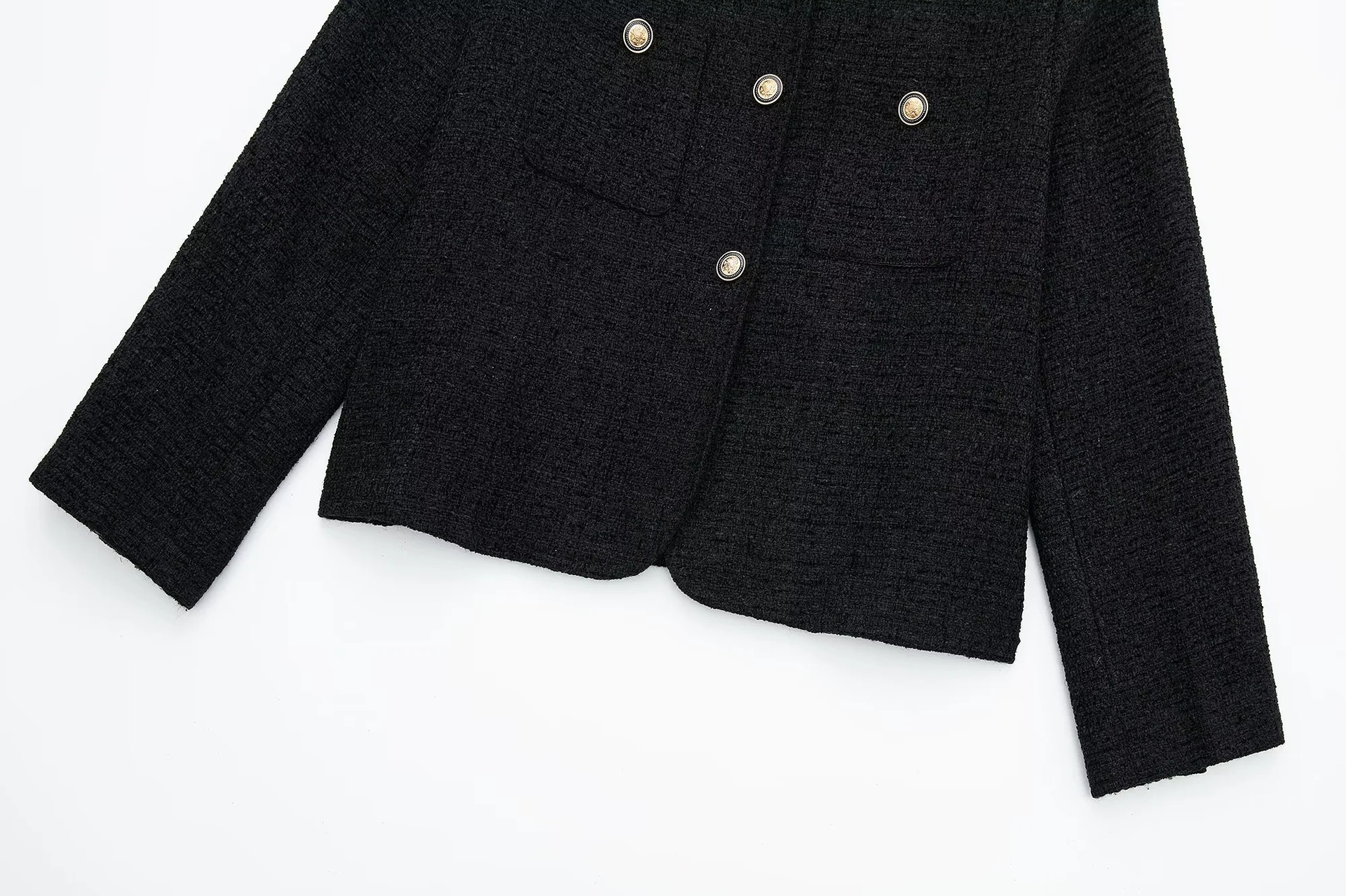 MERUMOTE Women's Classic Retro Metal Button Round Neck Tweed Mini Jacket-MERUMOTE