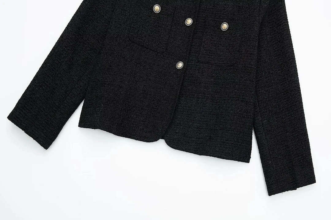 MERUMOTE Women's Classic Retro Metal Button Round Neck Tweed Mini Jacket-MERUMOTE