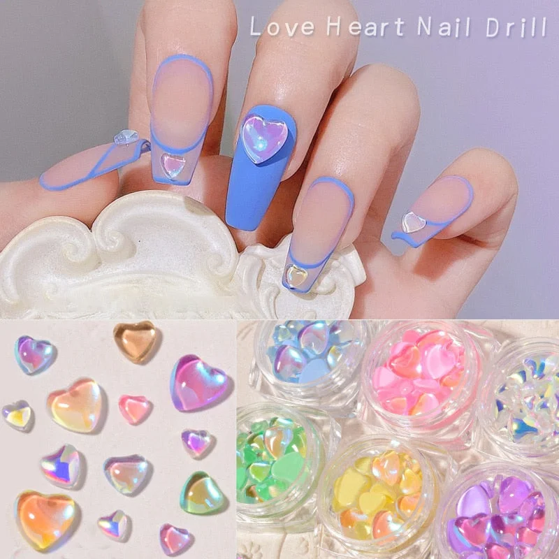 Candy Colors Mixed Size Love Heart Design Glass Crystal Beads AB 3D Nail Art Rhinestones DIY Flatback Acrylic Stones Decorations-Nail Inspo