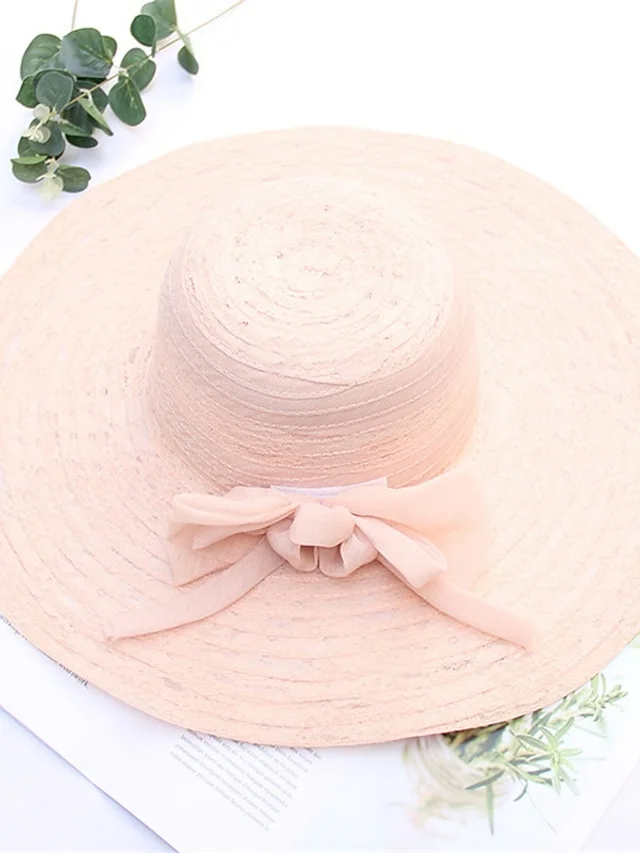 Women's Classic Bucket Hat Floral Lace Bowknot Ribbon Sun Protection Straw Hat