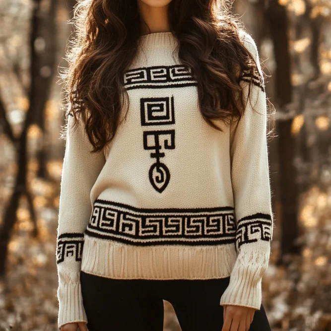Greek Key Pattern Cozy Knit Sweater