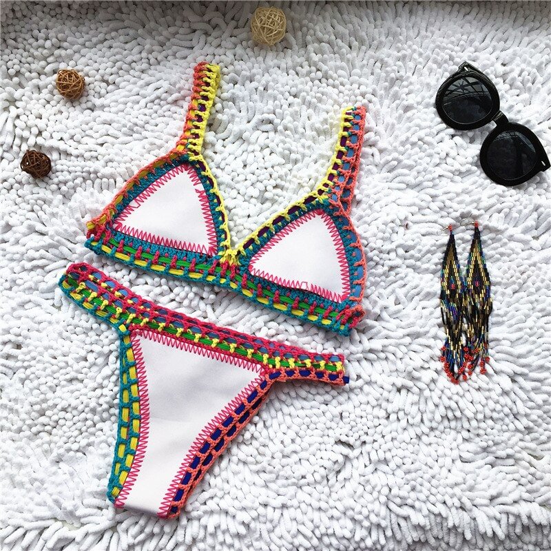 Bikini 2021 Hand Crocheted Bikini Knit Patchwork Women 2 Piece Swimsuit Halter Top Brazilian Bathing Suit Knitted Thong Swimwear